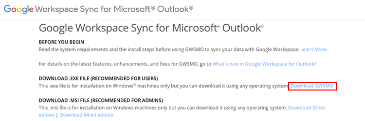 Download The Google Workspace Sync for Microsoft Outlook